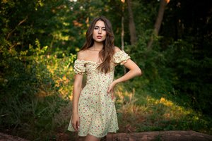 Обои на рабочий стол: bare shoulders, brunette, Dmitry Shulgin, forest, looking at viewer, model, nature, outdoors, plants, standing, summer dress, trees, девушка