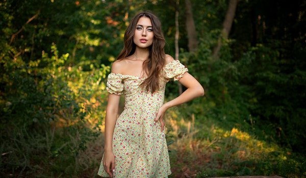 Обои на рабочий стол: bare shoulders, brunette, Dmitry Shulgin, forest, looking at viewer, model, nature, outdoors, plants, standing, summer dress, trees, девушка