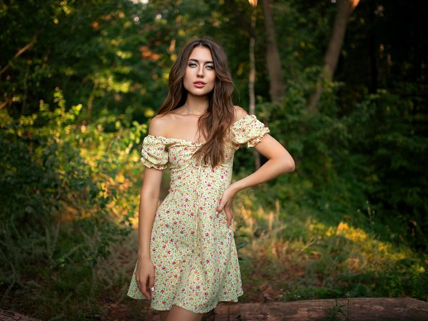 bare shoulders, brunette, Dmitry Shulgin, forest, looking at viewer, model, nature, outdoors, plants, standing, summer dress, trees, девушка