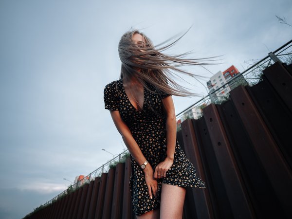 brunette, clouds, dress, hair blowing in the wind, long hair, model, neckline, sky, wind, windy, women, women outdoors