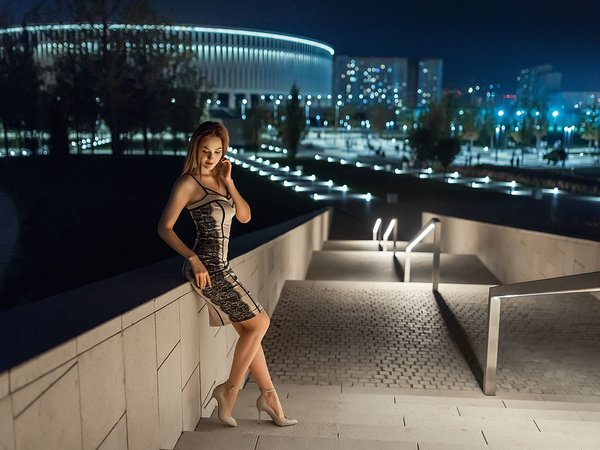 Георгий Дьяков, девушка, Кристина Кардава, лестница, ночной город, платье, поза, фигура
