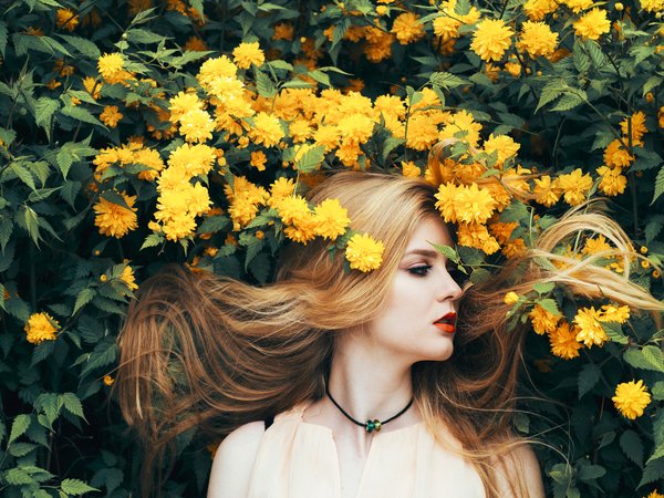 beauty, flowers, girl, hair, Long, nature, summer, yellow