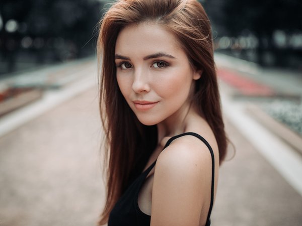 bare shoulders, bokeh, brown eyes, brunette, depth of field, dress, face, girl, Ivan Proskurin, lips, long hair, looking at camera, looking at viewer, model, mouth, photo, photographer, portrait, straight hair, strap, Yana