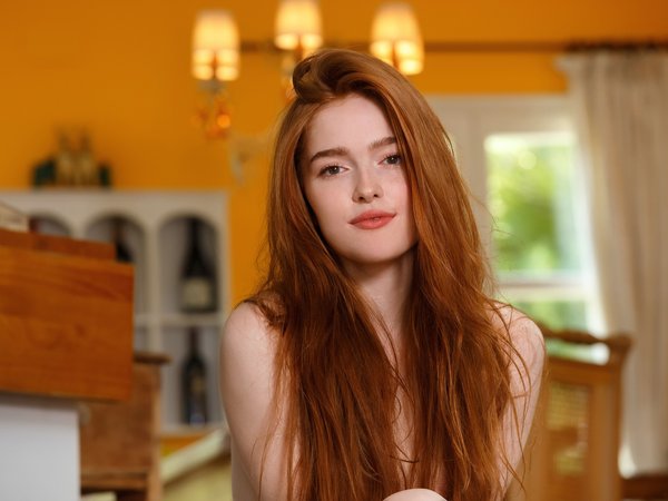 bare shoulders, bokeh, brown eyes, depth of field, girl, Jia Lissa, lips, long hair, looking at camera, looking at viewer, model, mouth, photo, pink lipstick, pornstar, portrait, redhead