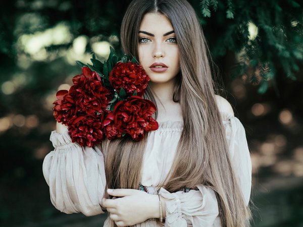 Andjela Vlaisavljevic, Jovana Rikalo, взгляд, девушка, модель, пионы, платье, цветы