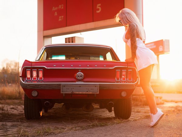 blonde, classic car, dress, Ford Mustang, Julia Abrams, model, muscle car, red car, road, sneakers, sunglasses, tattoo, white dress, women, women outdoors, women with cars, women with glasses