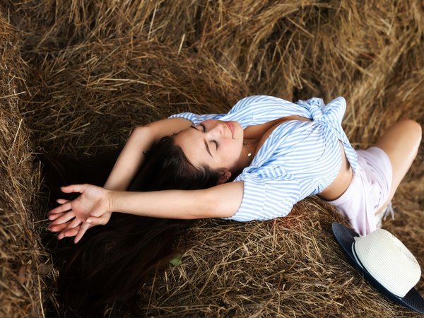 barns, brunette, closed eyes, hat, hay, Konstantin Koyokin, model, neckline, striped shirt, tied top, women indoors, девушка
