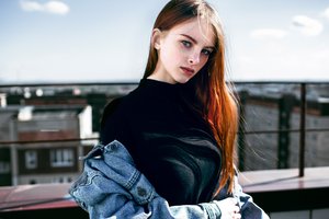 Обои на рабочий стол: black sweater, blue eyes, brown hair, brunette, depth of field, face, freckles, girl, jacket, jeans jacket, Lenar Abdrakhmanov, lips, lipstick, long hair, looking at camera, looking at viewer, model, mouth, photo, photographer, portrait, rooftops, straight hair, sweater