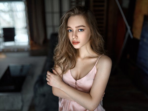 arms crossed, bare shoulders, blue eyes, bokeh, breast, brown hair, brunette, chest, cleavage, depth of field, dress, face, girl, lips, lipstick, long hair, looking at camera, looking at viewer, Matthieu Sonnet, model, mole, mouth, photo, photographer, pink dress, portrait, strap, wavy hair