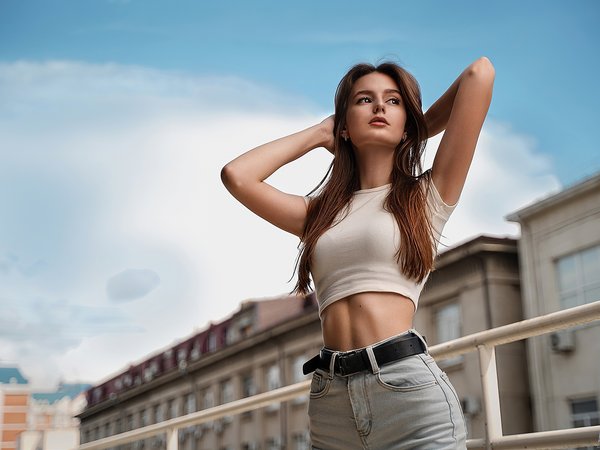 brunette, clouds, jeans, Maxim Matveev, model, public, short tops, sky, women, women outdoors