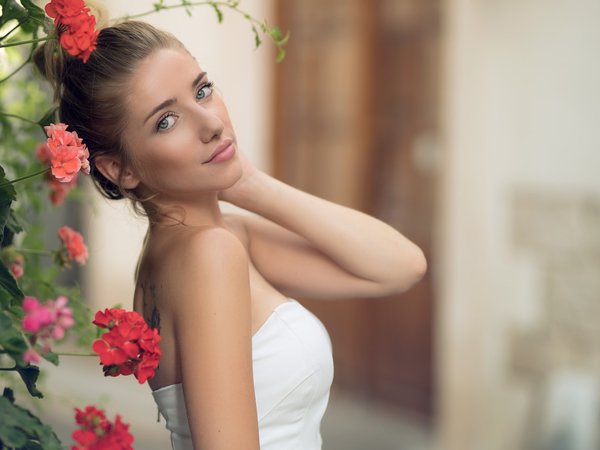 bare shoulders, blue eyes, Brown, chignon, David Mas, dress, face, flowers, girl, hairbun, lips, looking at camera, looking at viewer, model, mouth, photo, portrait, strapless, tattoo, white top