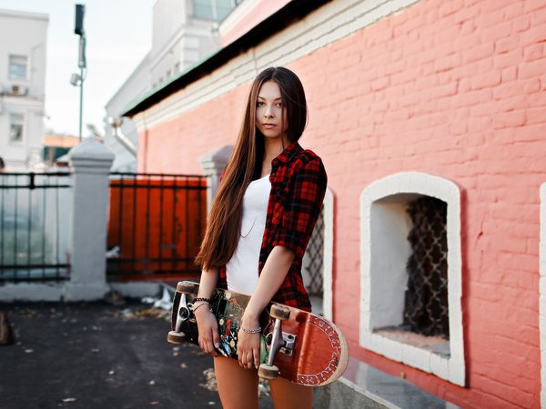 brown eyes, brunette, depth of field, Dmitry Sedykh, face, girl, legs, lips, long hair, looking at camera, looking at viewer, model, mouth, open shirt, photo, portrait, shirt, shorts, skateboard, straight hair, t-shirt, white t-shirt