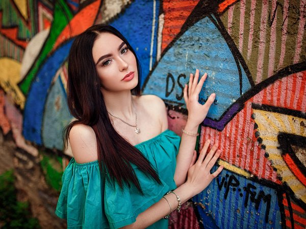 Alina, bare shoulders, brunette, clear eyes, dress, face, girl, graffiti, Hakan Erenler, lips, long hair, looking at camera, looking at viewer, model, mouth, necklace, photo, portrait, straight hair, strapless, urban, wall