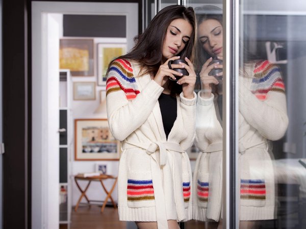 brunette, closed eyes, coffee, Eva Alegra, face, girl, glass door, legs, long hair, model, mood, mug, reflection, straight hair, thinking