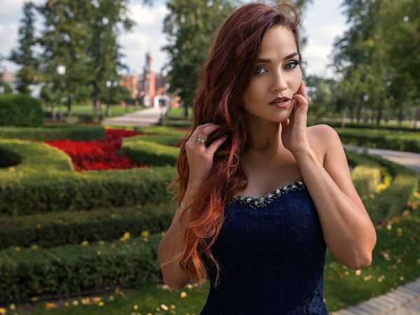 bare shoulders, blue dress, close up, depth of field, Dmitry Shulgin, Dmitry Sn, dress, face, flowers, garden, girl, green eyes, hand in hair, lips, long hair, looking at camera, looking at viewer, model, mouth, open mouth, park, photo, photograhpy, photographer, portrait, redhead, strapless, wavy hair