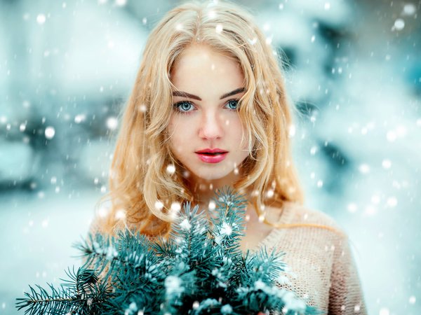 блондинка, взгляд, еловые ветки, лицо, настроение, Ольга Бойко, снег