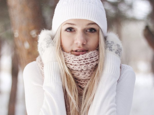 белый, девушка, лес, помпон, снег, шапка