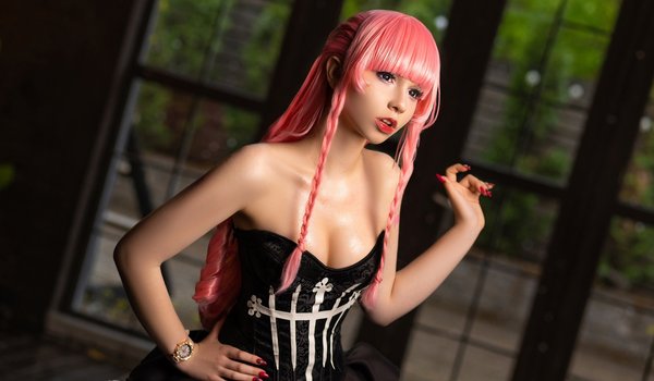 Обои на рабочий стол: black dress, Mihesh Ari, Penka Rui, pink hair, twintails, women