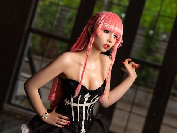 black dress, Mihesh Ari, Penka Rui, pink hair, twintails, women