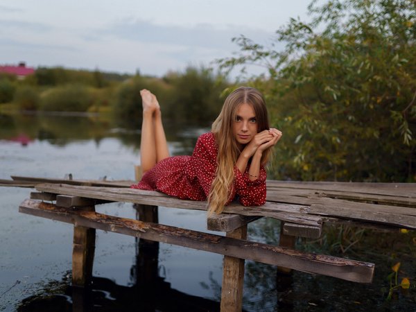 blonde, clouds, dress, girl, lake, looking at viewer, model, nature, polka dots, red dress, sky, trees, water, women, women outdoors