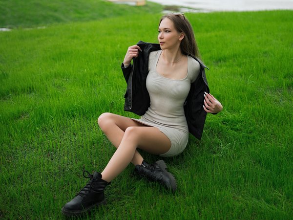 boots, brunette, grass, leather jacket, model, Robert Zazin, sunglasses, white dress, women outdoors, девушка