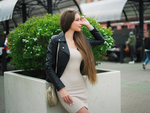 brunette, leather jacket, model, people, public, Robert Zazin, sunglasses, urban, white dress, women outdoors, девушка