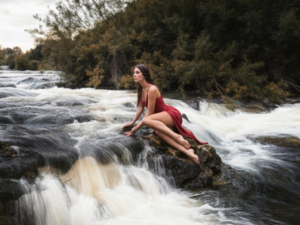 brunette, clouds, model, nature, red dress, river, Robert Zazin, sky, water, women outdoors, девушка