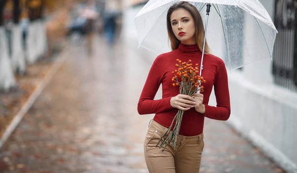 Обои на рабочий стол: взгляд, девушка, дождь, зонт, Сергей Сорокин, улица, фигура