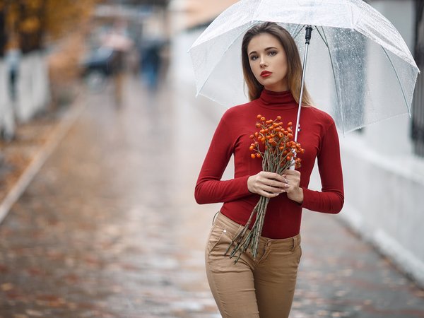 взгляд, девушка, дождь, зонт, Сергей Сорокин, улица, фигура