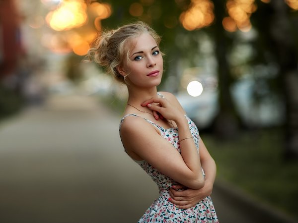 Angelica, bare shoulders, blonde, blue eyes, bokeh, depth of field, dress, face, girl, lips, lipstick, long hair, looking at camera, looking at viewer, makeup, model, mouth, photo, photographer, portrait, pose, posing, Sergey Baryshev, side view, strap
