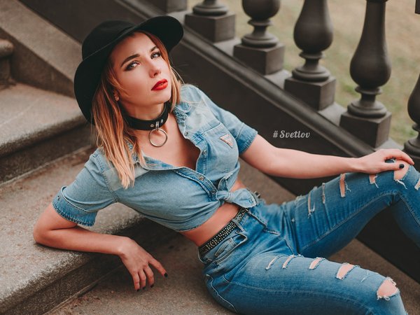 blonde, blouse, denim shirt, hat, jeans, makeup, model, necklace, sitting, stairs, Timur Svetlov, women, women outdoors