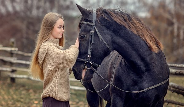 Обои на рабочий стол: Виктория Дубровская, девушка, животное, конь, лошадь, осень, природа, профиль, русая, свитер, юбка