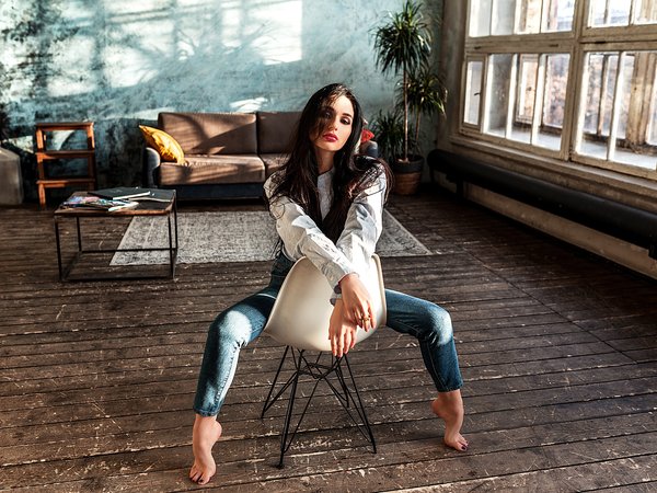 barefoot, black hair, bokeh, brunette, chair, couch, dark eyes, depth of field, face, feet, girl, hair in face, jeans, juicy lips, lips, lipstick, long hair, looking at camera, looking at viewer, model, mouth, pants, photo, photographer, portrait, red lipstick, shirt, sitting, Vlad Popov, wavy hair, white shirt, window