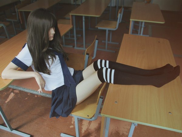 bangs, brunette, legs, legs up, long hair, schoolgirl, sitting, women, women indoors