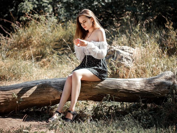 bare shoulders, blouse, brunette, flip flops, grass, hips, model, nature, sitting, skirt, trees, white blouse, women, women outdoors