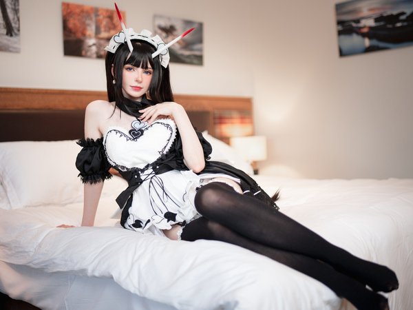 azur lane, cosplay, maid, maid outfit, model, noshiro (azur lane), stockings, video game girls, video games, women, women indoors