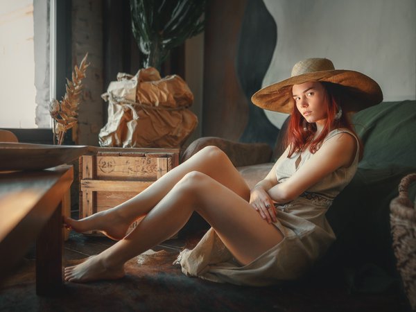 barefoot, couch, dress, guitar, hat, model, redhead, sitting, table, window, women, women indoors