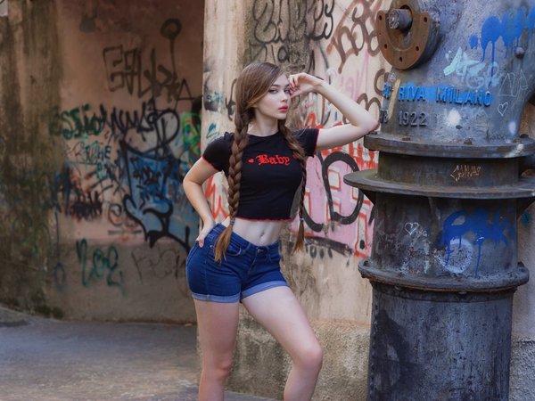 beautiful, black t-shirt, braids, brunette, jean shorts, model, short shorts, short tops, t-shirt, twintails, women, women outdoors