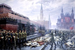 Обои на рабочий стол: 9мая, день победы, картина, красная площадь, кремль, солдаты, флаги