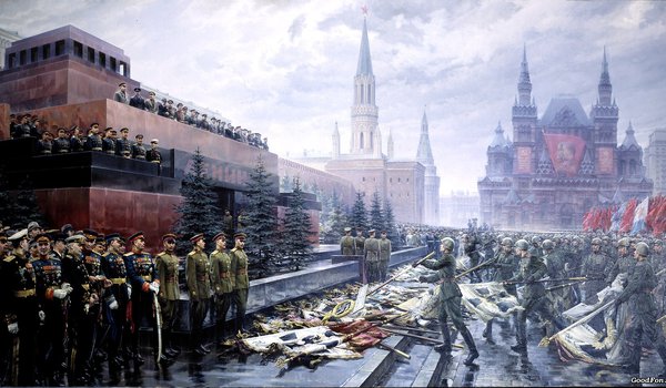 Обои на рабочий стол: 9мая, день победы, картина, красная площадь, кремль, солдаты, флаги
