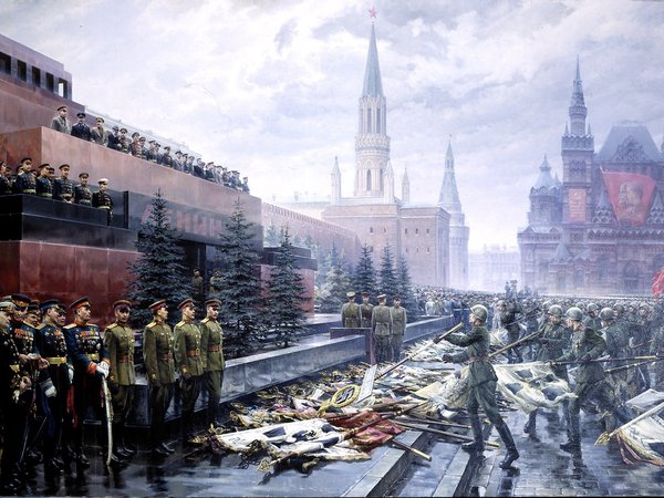 9мая, день победы, картина, красная площадь, кремль, солдаты, флаги