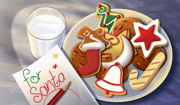 Обои на рабочий стол: christmas, new year, звезда, игрушки, молоко, новый год, письмо, подарки, праздники, сладости, стакан