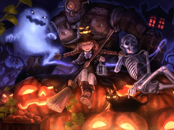 damin, halloween, арт, ведьма, голем, девочка, кот, кошка, метла, приведение, скелет, тыквы, хэллоуин, шляпа