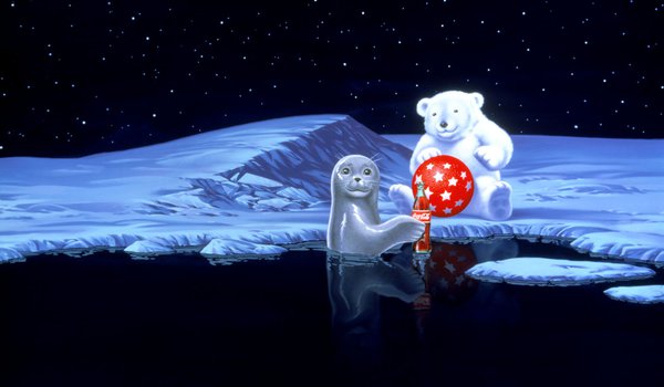 Обои на рабочий стол: coca-cola, holiday, new year, polar bear, seal, snow, winter, вода, звезды, кока-кола, красный, мишка, мяч, полярный, снег, тюлень