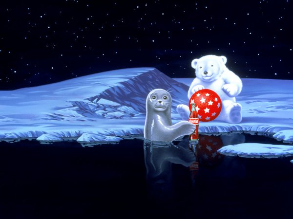 coca-cola, holiday, new year, polar bear, seal, snow, winter, вода, звезды, кока-кола, красный, мишка, мяч, полярный, снег, тюлень