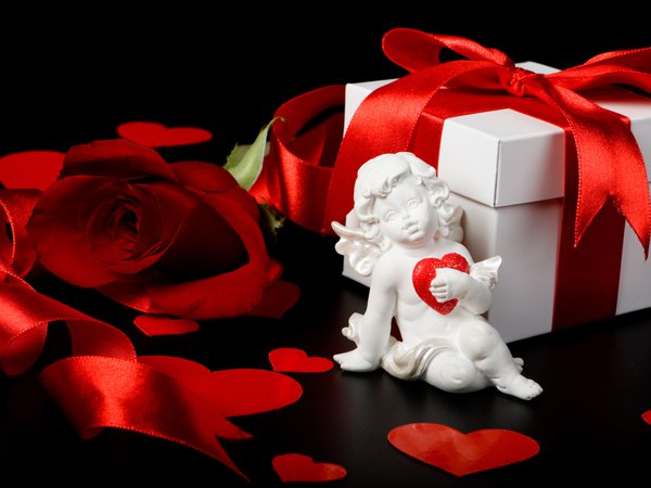 box, cupid, gift, hearts, red, rose, valentine's day, день святого валентина, коробка, купидон, лента, подарок, роза, сердечки