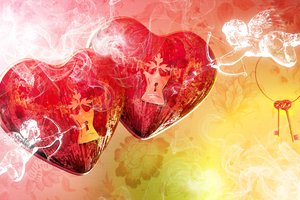 Обои на рабочий стол: cupid, grunge, hearts, keys, love, red, romance, roses, valentine's day, гранж, день святого, ключи, купидон, любовь, роза, романтика, сердечки