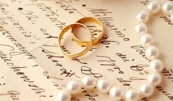 Обои на рабочий стол: жемчуг, кольца, обручальные, письмо, свадьба