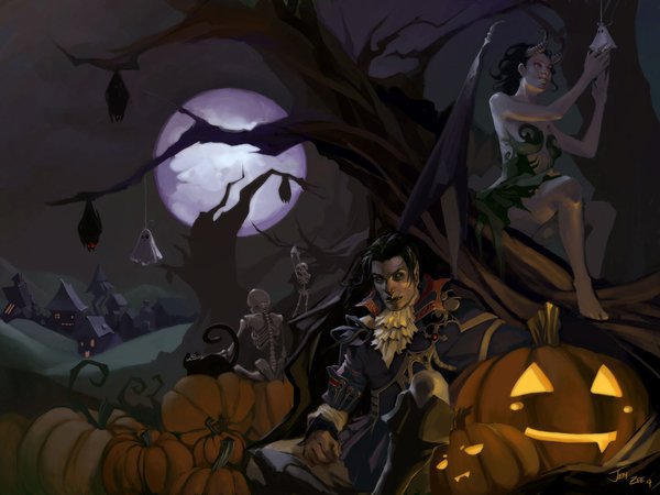 halloween, арт, вампир, демон, демонесса, деревня, дерево, кошка, летучие мыши, луна, ночь, скелеты, тыквы, хэллоуин