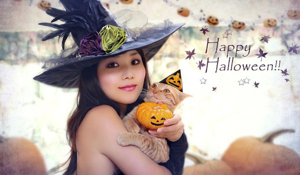 Обои на рабочий стол: азиатка, девушка, костюм, кот, тыква, хэллоуин, шляпа